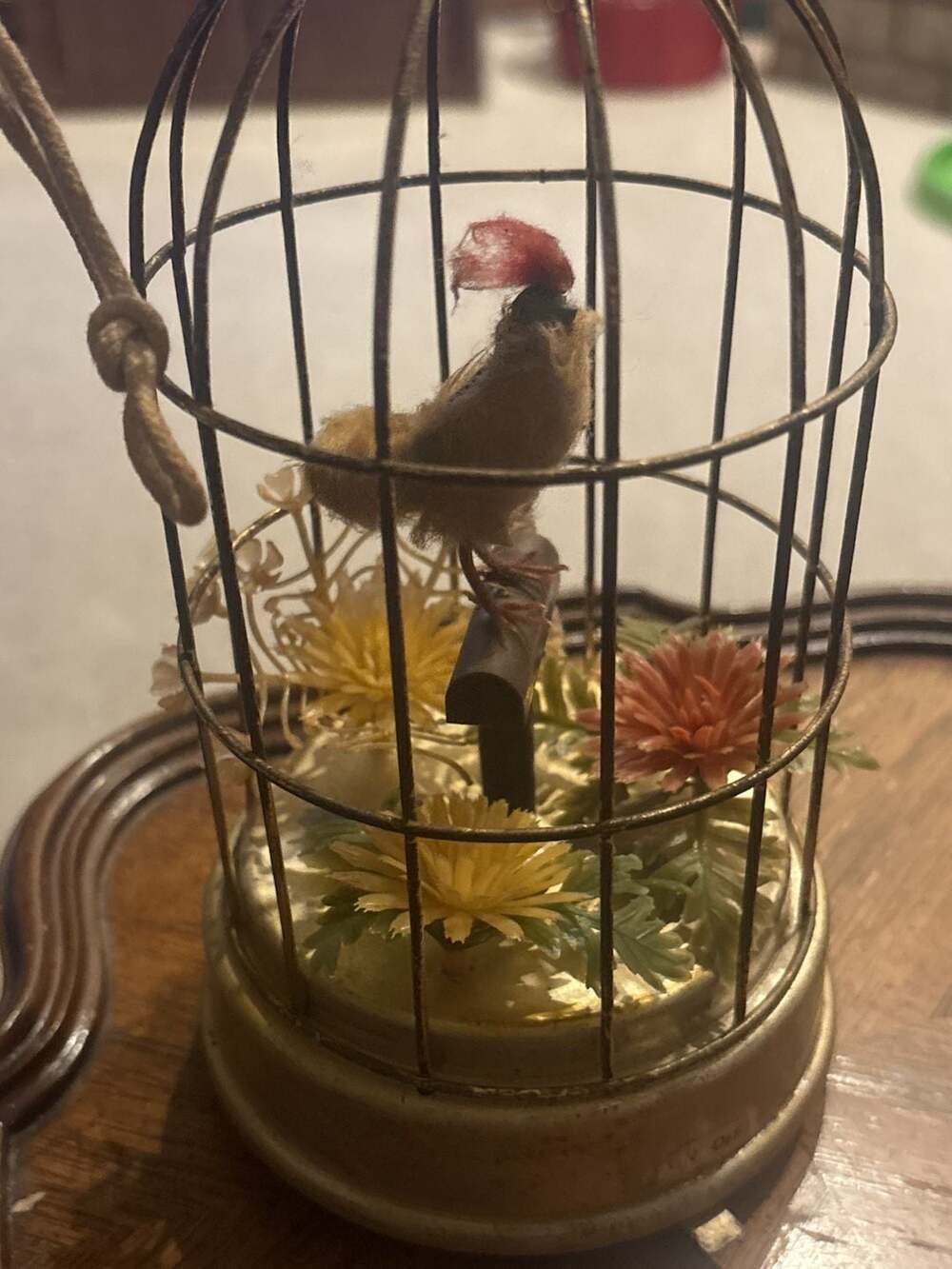 Vintage Mechanical Singing Bird In Cage Automaton Flowers
